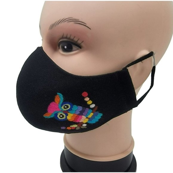 New Face cover ear loop black Mask Women's Embroidered handmade OWL design - Picture 1 of 6